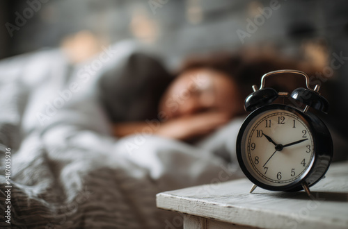 cozy bedroom scene featuring vintage alarm clock bedside table, with person peacefully sleeping background. soft lighting