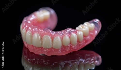 Close-up of a full set of dentures on a reflective surface.