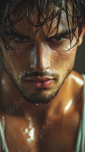 Close-up portrait of a man with wet hair and muscles.