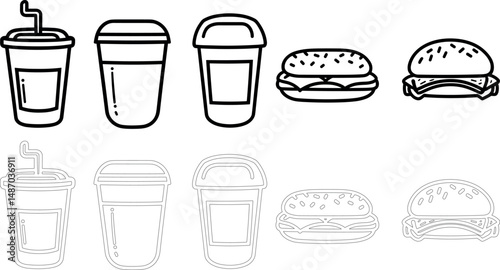 Outlined burger and drink illustrations on a white background