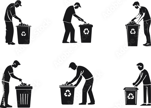 Silhouetted people throwing garbage into recycling bins on a white background