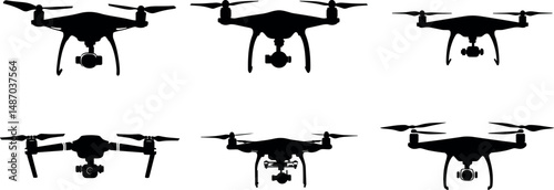 Six drone silhouettes isolated on a white background