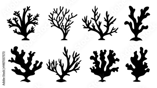 Seaweed silhouettes, coral black icon. Abstract organic shape, underwater plant, matisse element, cute sea doodle.
