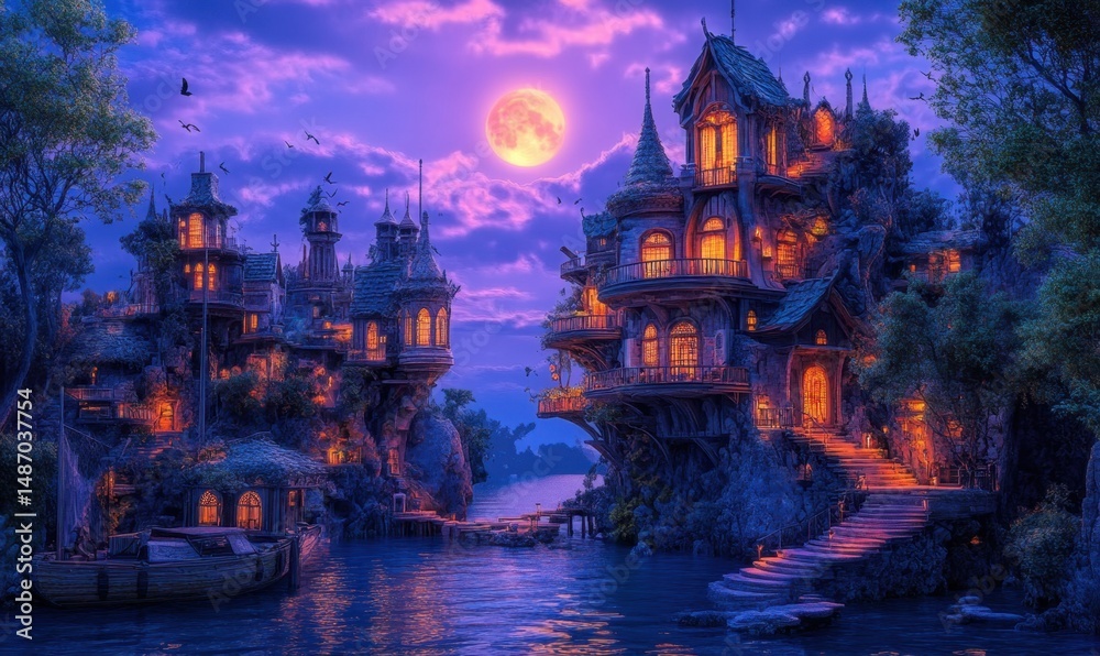 Obraz premium Enchanting fantasy village at night, moonlit harbor, magical homes
