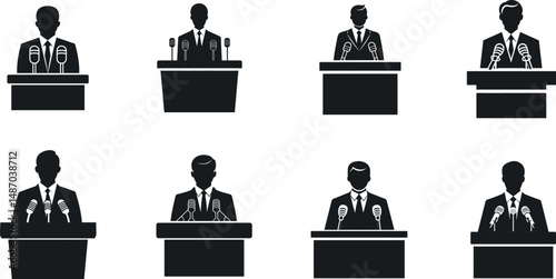 Set of speaker silhouettes at podium with microphones on a white background