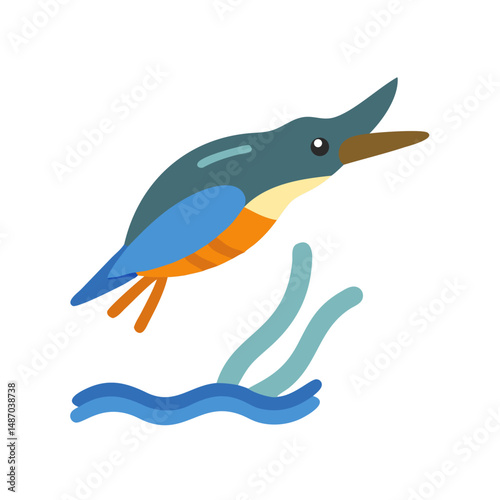 Stylized kingfisher bird illustration hovering above water waves