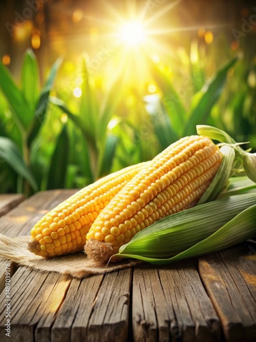 Fresh corn on the cob with a slight golden glow on a wooden background