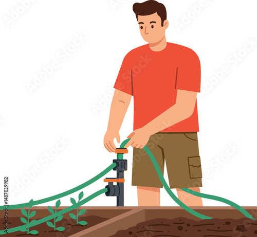 Man Watering Garden Plants with Hose in Summer Outdoor Gardening Activity Vector Illustration 