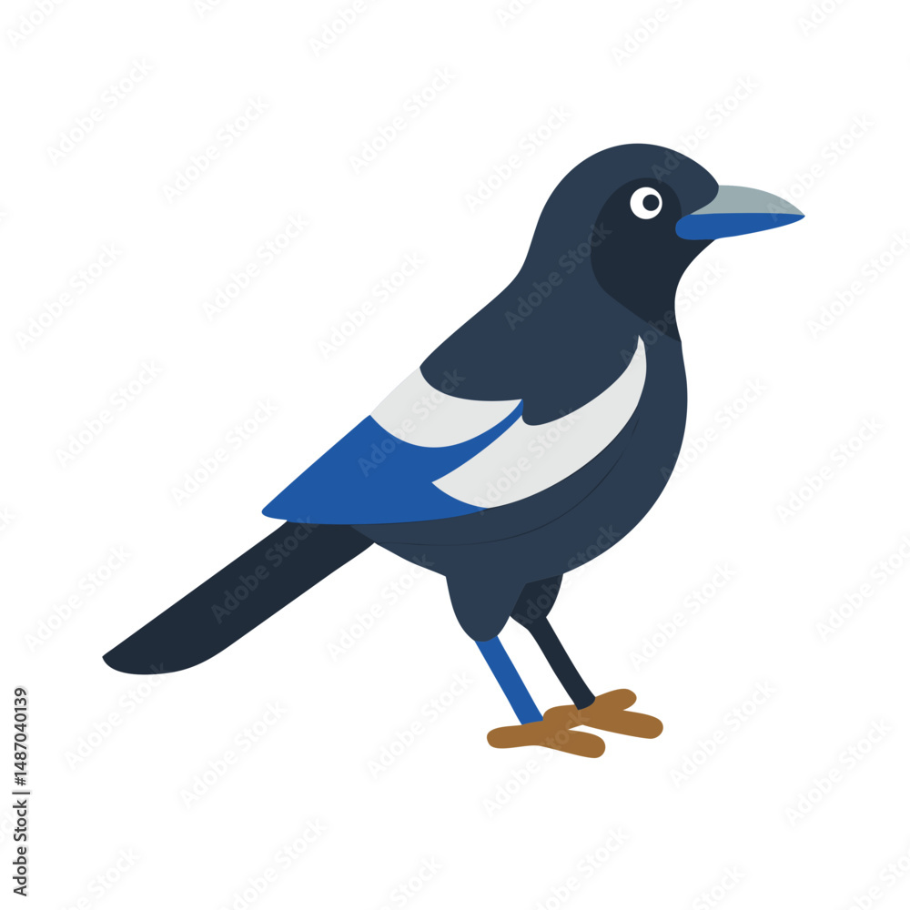 Fototapeta premium Stylized Magpie Illustration Perched Against Plain Black Background