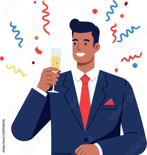 Man in navy suit with red tie celebrating with champagne glass and colorful confetti vector 