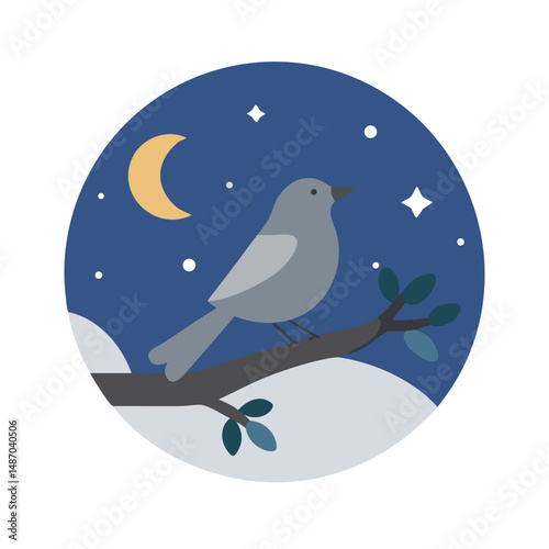 Stylized bird on a branch under the moonlit sky