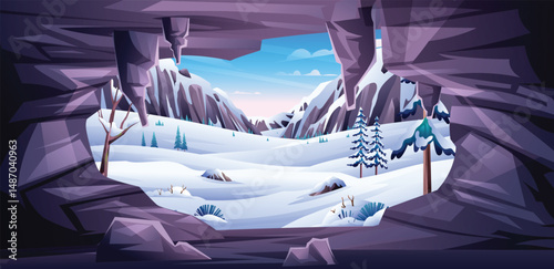 Snowy valley seen from inside a rocky cave with pine trees and winter hills. Vector cartoon illustration