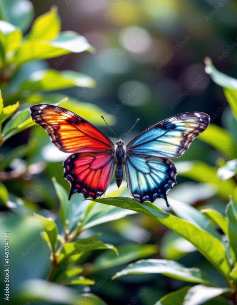 Fototapeta premium Vibrant Red And Blue Butterfly On Lush Green Leaves