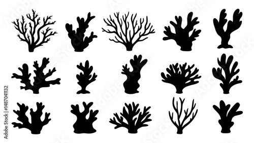 Seaweed silhouettes, coral black icon. Abstract organic shape, underwater plant, matisse element, cute sea doodle.