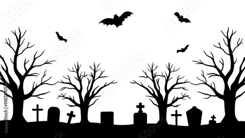 Vector black silhouette of a scary cemetery landscape with graves