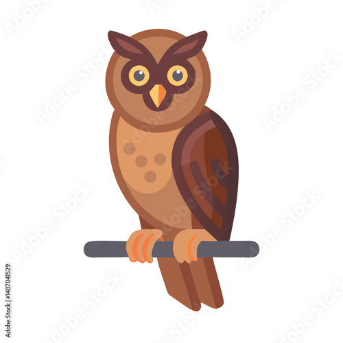 Flat graphic brown owl illustration perched on a branch
