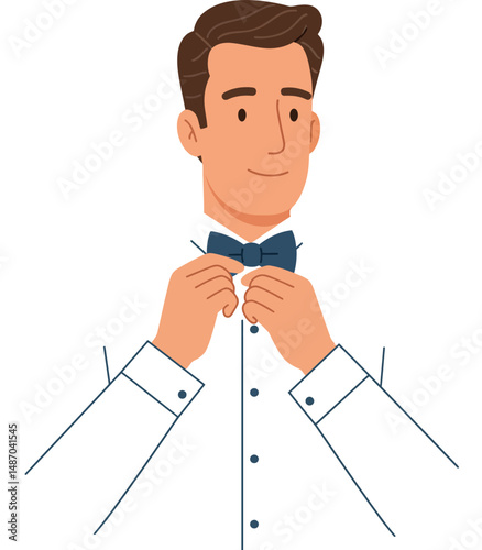 Man adjusting bow tie in formal shirt preparing for event vector illustration 
