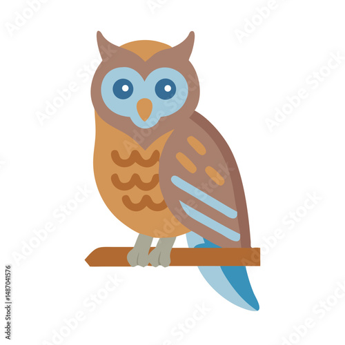 Stylized owl perched on a branch against black backdrop