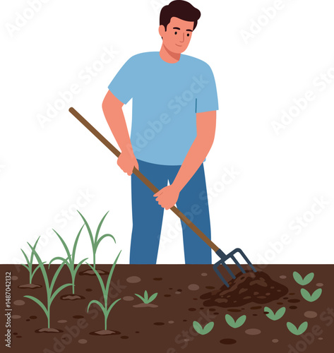 Man Gardening Soil Using Fork Hoe Tending Young Plants Growing Outdoors Vector Illustration 