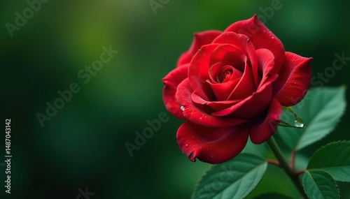 Single red rose, dew drops, lush green leaves, close-up, respect, sympathy