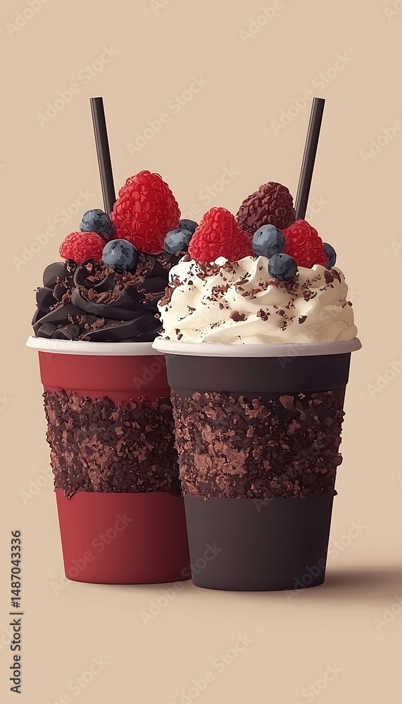 Two iced drinks, topped with whipped cream, berries, and chocolate Two iced drinks, topped with whipped cream, berries, and chocolate