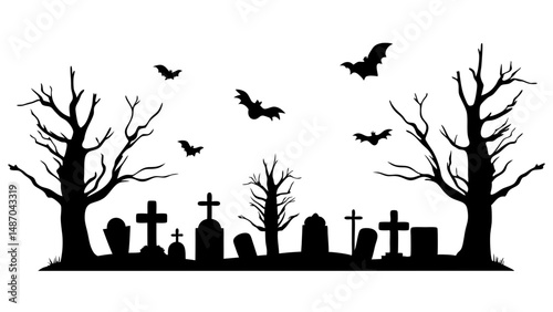 Vector black silhouette of a scary cemetery landscape with graves