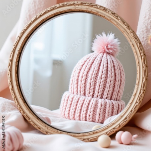 Cozy pink knitted beanie with pom pom reflected in round mirror on soft pink fabric with pastel props perfect for winter fashion and warm accessories photo