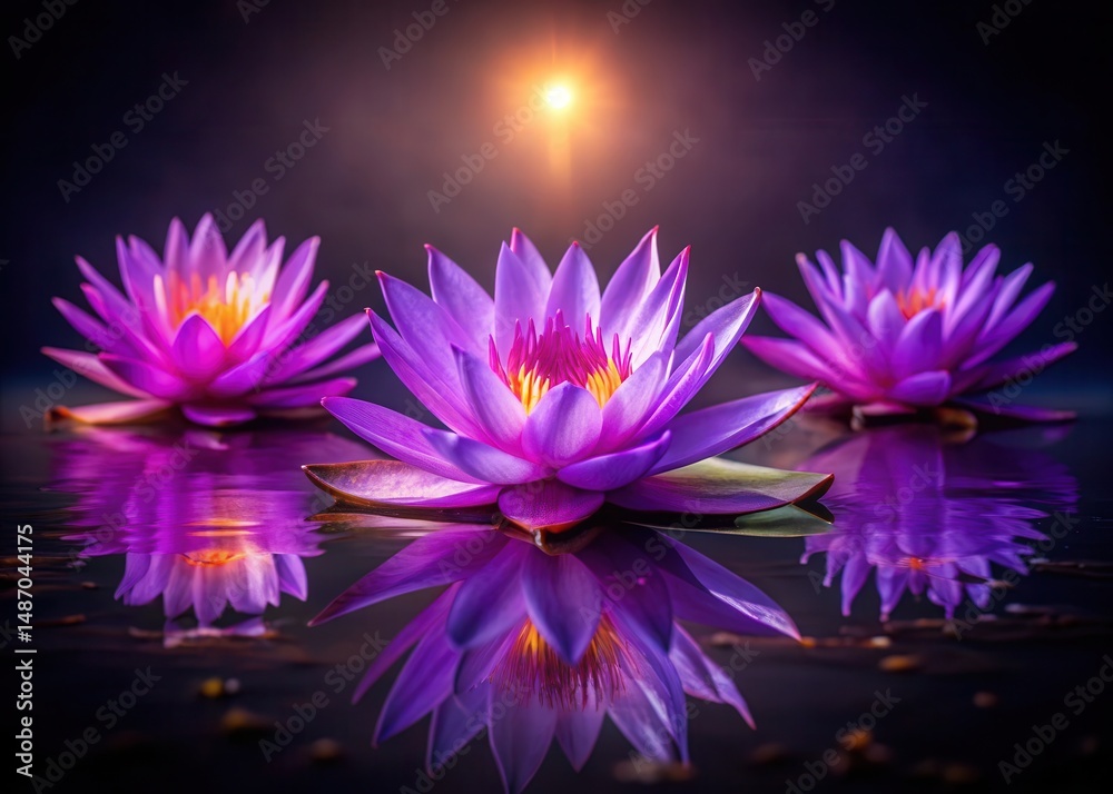 Obraz premium Glowing Purple Lotus Flowers Bloom in Dark Water