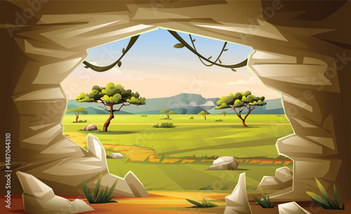Open grassland with green fields and sparse trees viewed from cave entrance. Vector cartoon illustration