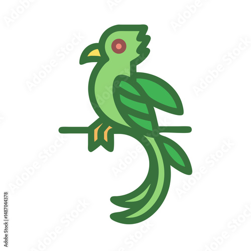 Stylized green quetzal bird perched on a branch illustration