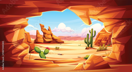Desert view from inside a red rocky cave with cactus and sandstone hills. Vector cartoon illustration