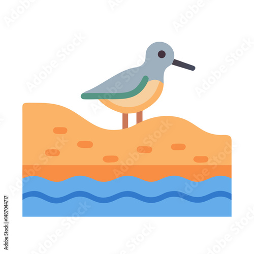 Flat illustration of bird perched on sandy beach by water
