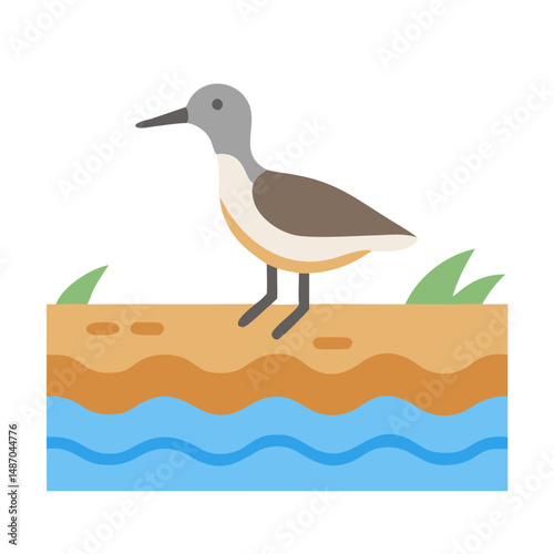 Flat vector illustration of a bird standing near water