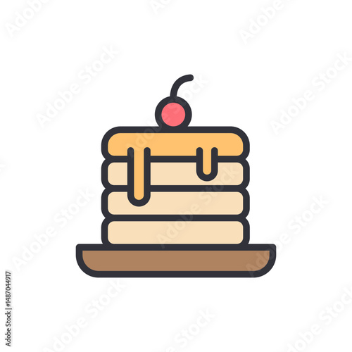 Illustration Of Stacked Pancakes With Syrup And Cherry On Top