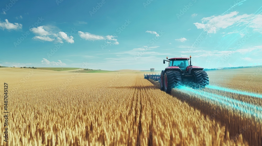 Obraz premium Technological Advancements in Agriculture: A Modern Tractor Harvesting Golden Wheat Fields Under a Sunny Sky