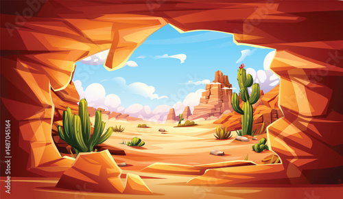 Desert canyon view with cacti and rocks seen from a cave entrance under a bright blue sky. Vector cartoon illustration