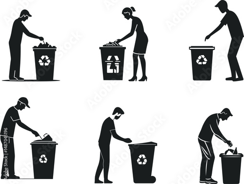 People throwing garbage in a recycle bin isolated on a white background