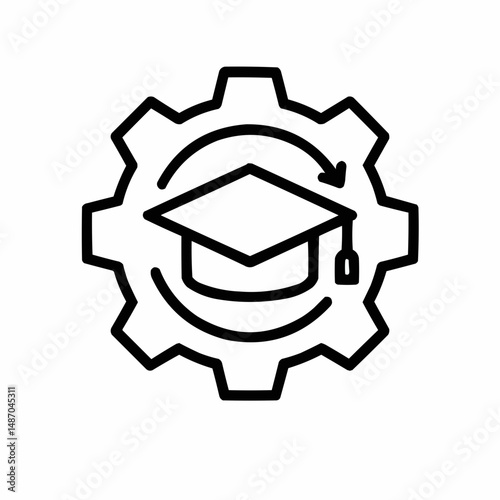 Outlined gear with a graduation cap inside — skill development through applied learning.