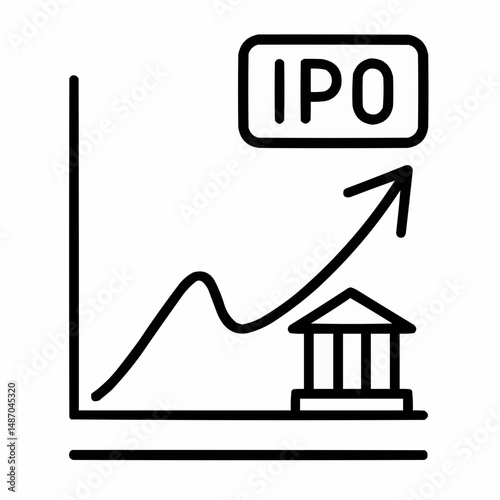 Outlined graph with “IPO” tag and curve breaking out of bounds — stock debut surge.