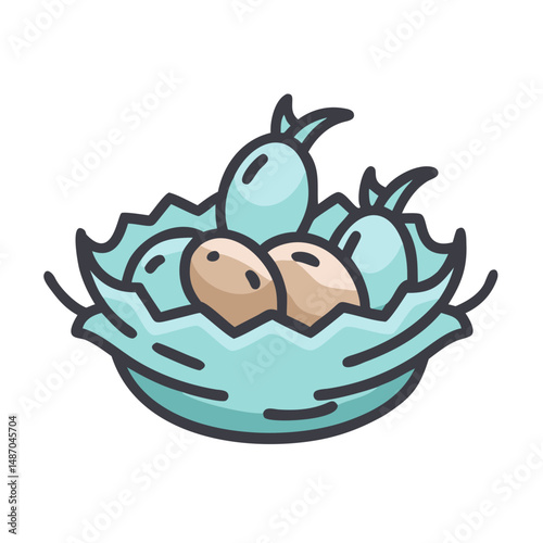 Stylized nest with eggs, vibrant colors, cheerful cartoon