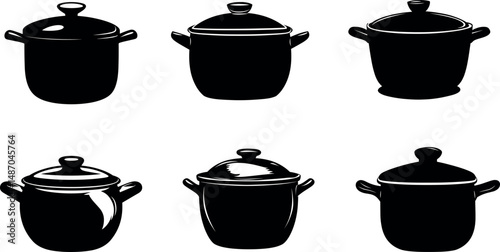 Six black saucepans with lids isolated on a white background
