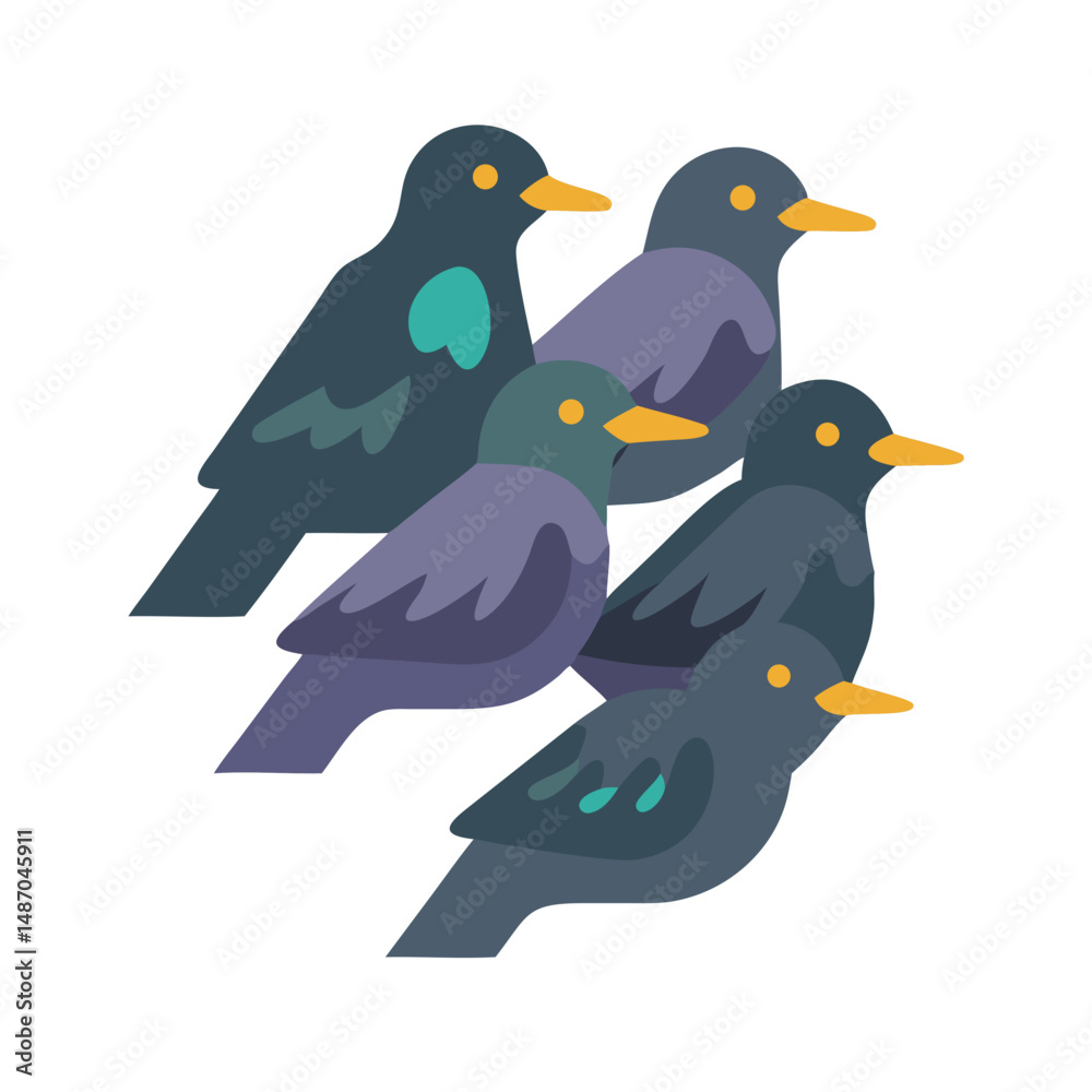 Obraz premium Flat Illustration of a Flock of Birds on Black Background