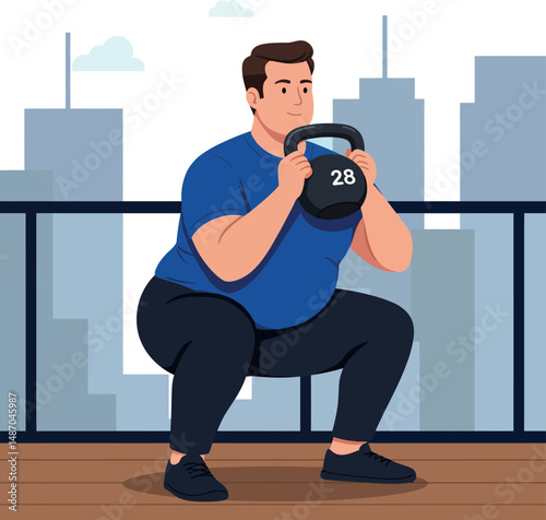Man exercising with kettlebell in urban outdoor fitness setting natural posture 