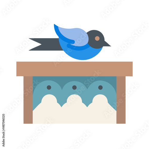 Stylized bird perched atop a birdhouse filled with eggs