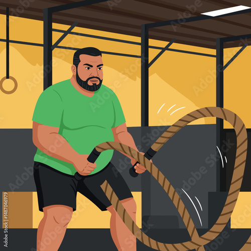 Man Exercising with Battle Ropes in Gym Wearing Green Shirt and Black Shorts Vector Illustration 