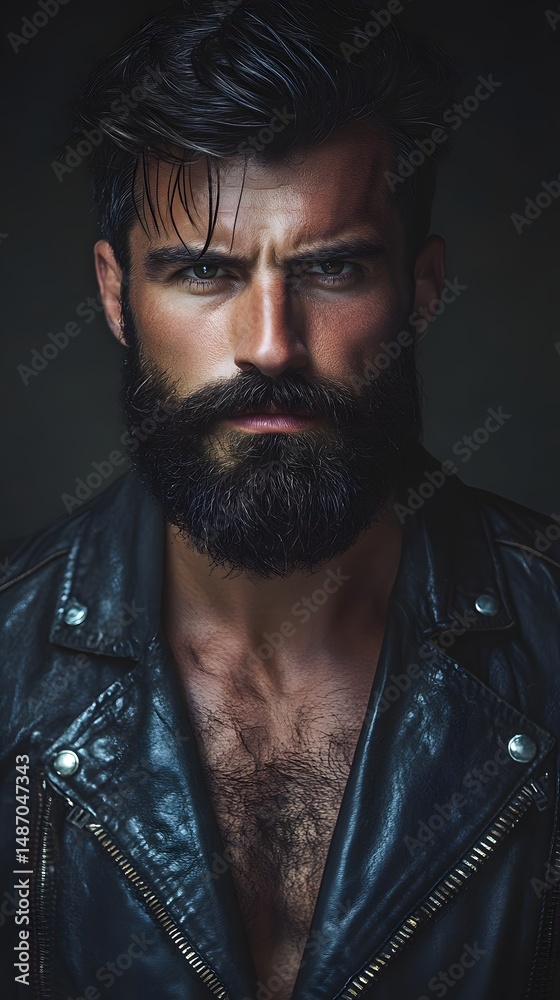 Obraz premium Close-up portrait of a man with a thick beard and leather jacket.