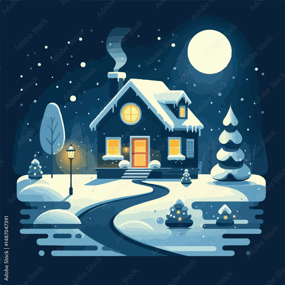 Naklejka premium vector image of a snowy house on a beautiful christmas eve