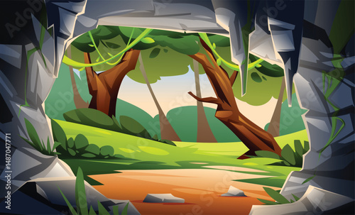 Jungle view with trees and path viewed from a rocky cave. Vector cartoon illustration