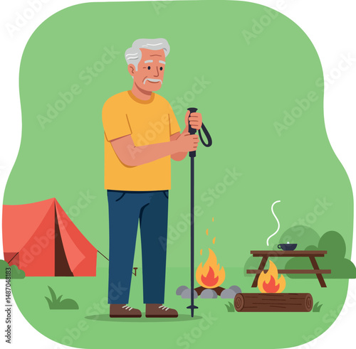Elderly man camping with hiking pole near campfire and tent outdoor activity vector illustration 