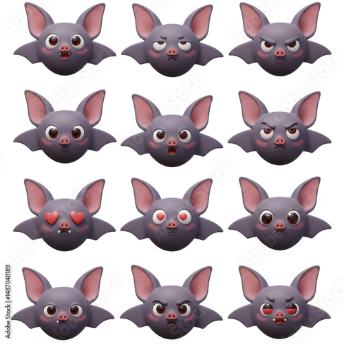 Cartoon bat faces set with various expressions for design purposes